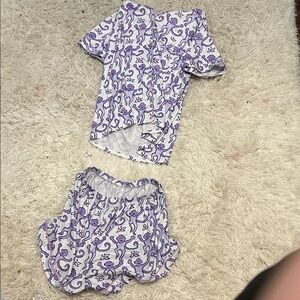 SHEIN White and Purple Monkey Print Two-Piece Pajama Set